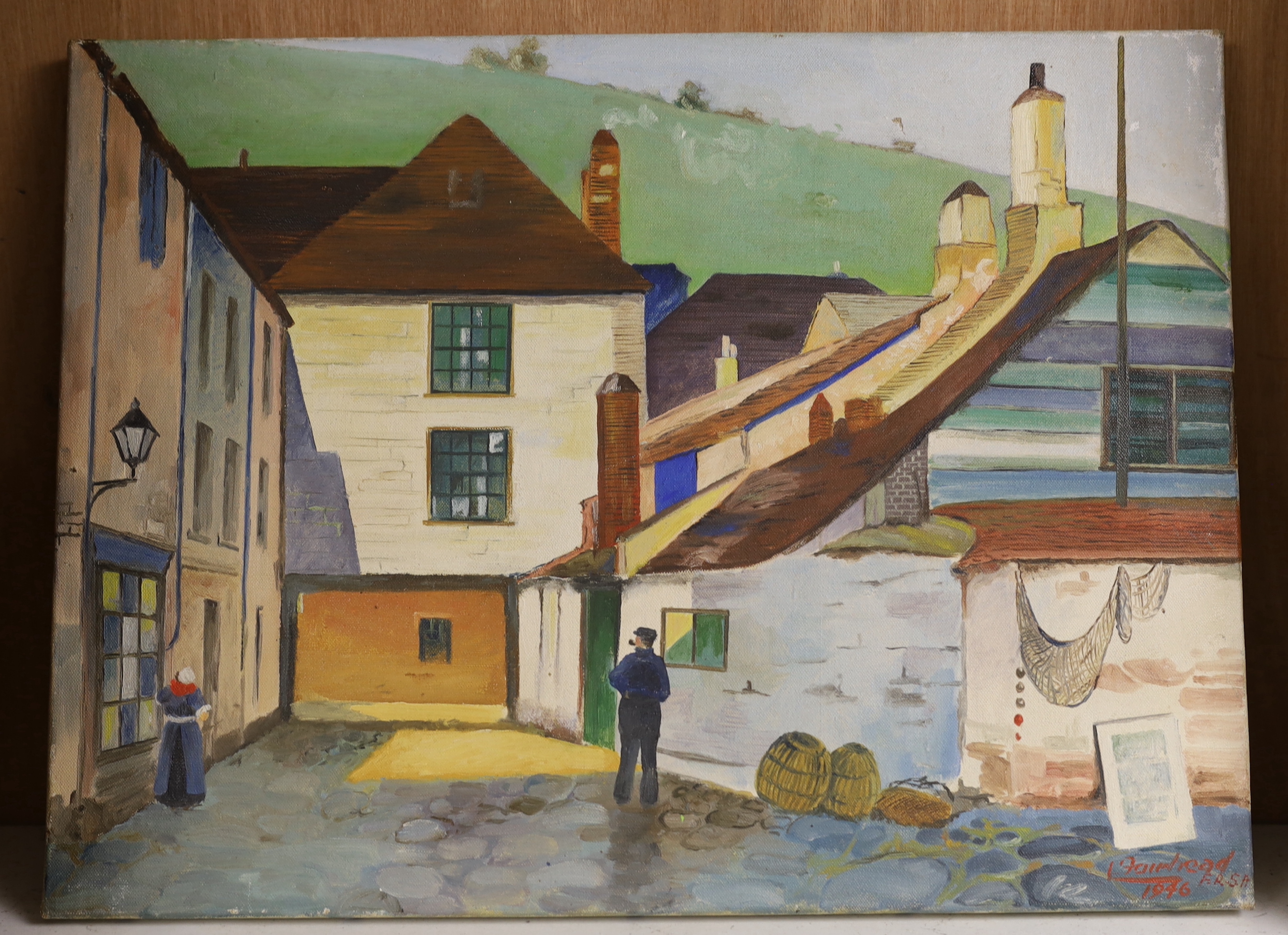 Modern British, oil on canvas, Coastal village landscape, indistinctly signed, and dated 1946, unframed, 30 x 41cm